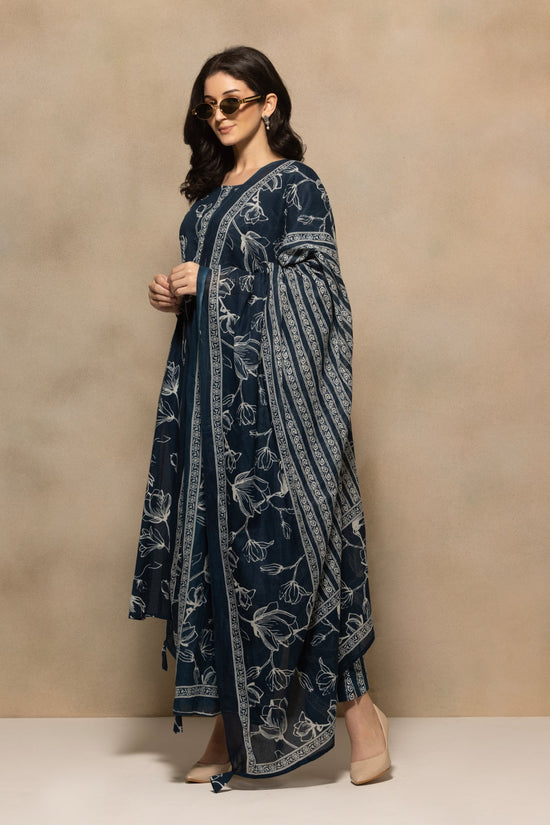 Navy Blue Floral Printed Kurta 3 Pcs Set
