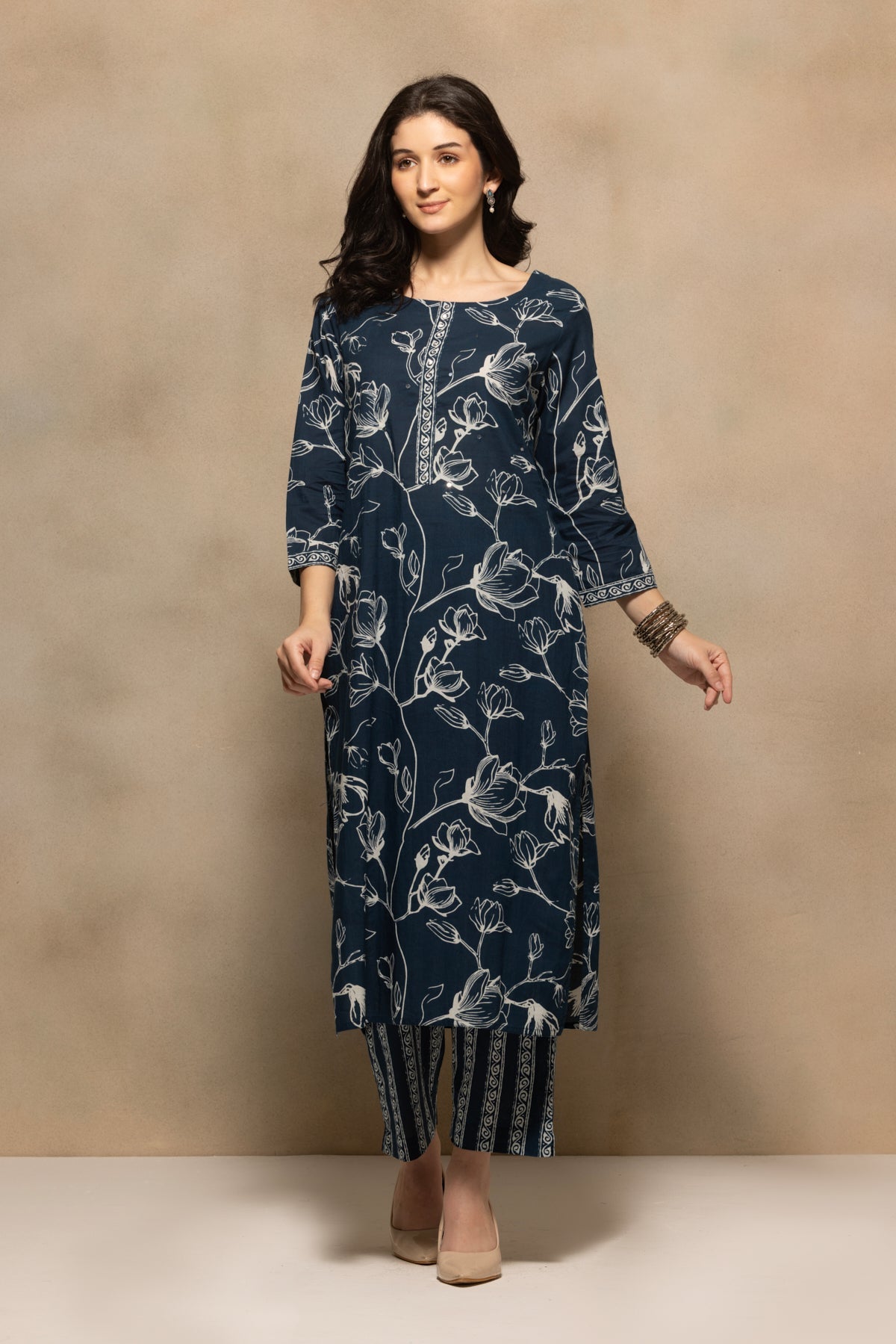 Navy Blue Floral Printed Kurta 3 Pcs Set