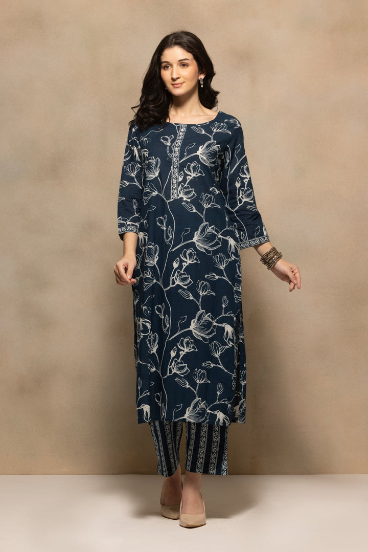 Navy Blue Floral Printed Kurta 3 Pcs Set