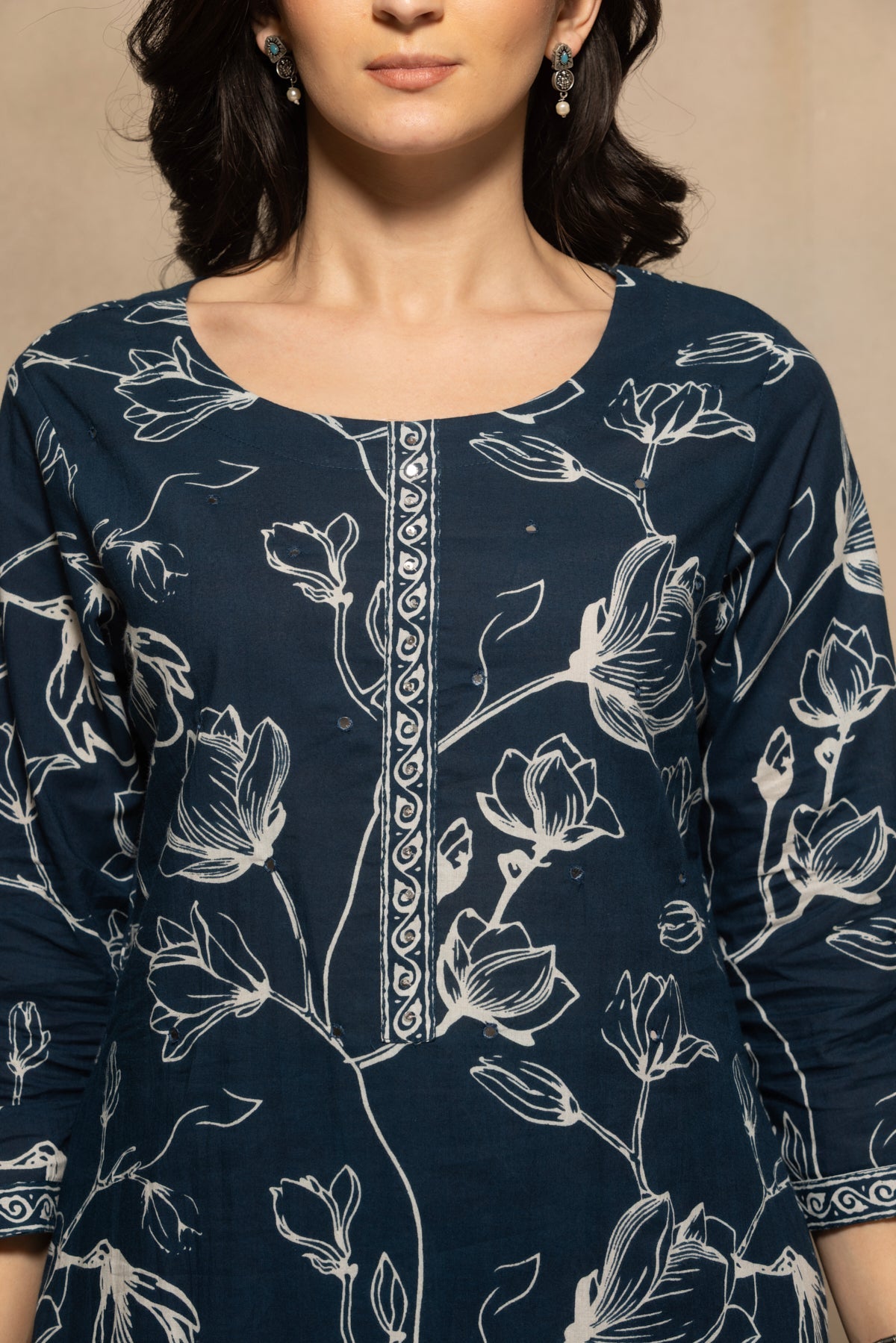 Navy Blue Floral Printed Kurta 3 Pcs Set