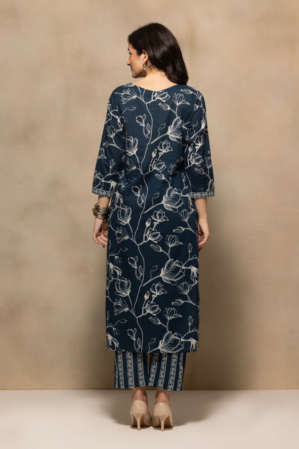 Navy Blue Floral Printed Kurta 3 Pcs Set