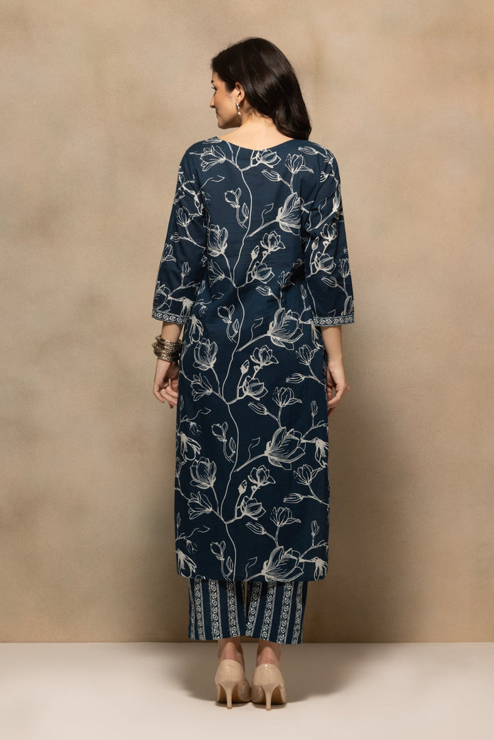 Navy Blue Floral Printed Kurta 3 Pcs Set