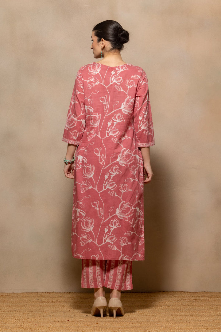 Pink Floral Printed Kurta 3 Pcs Set
