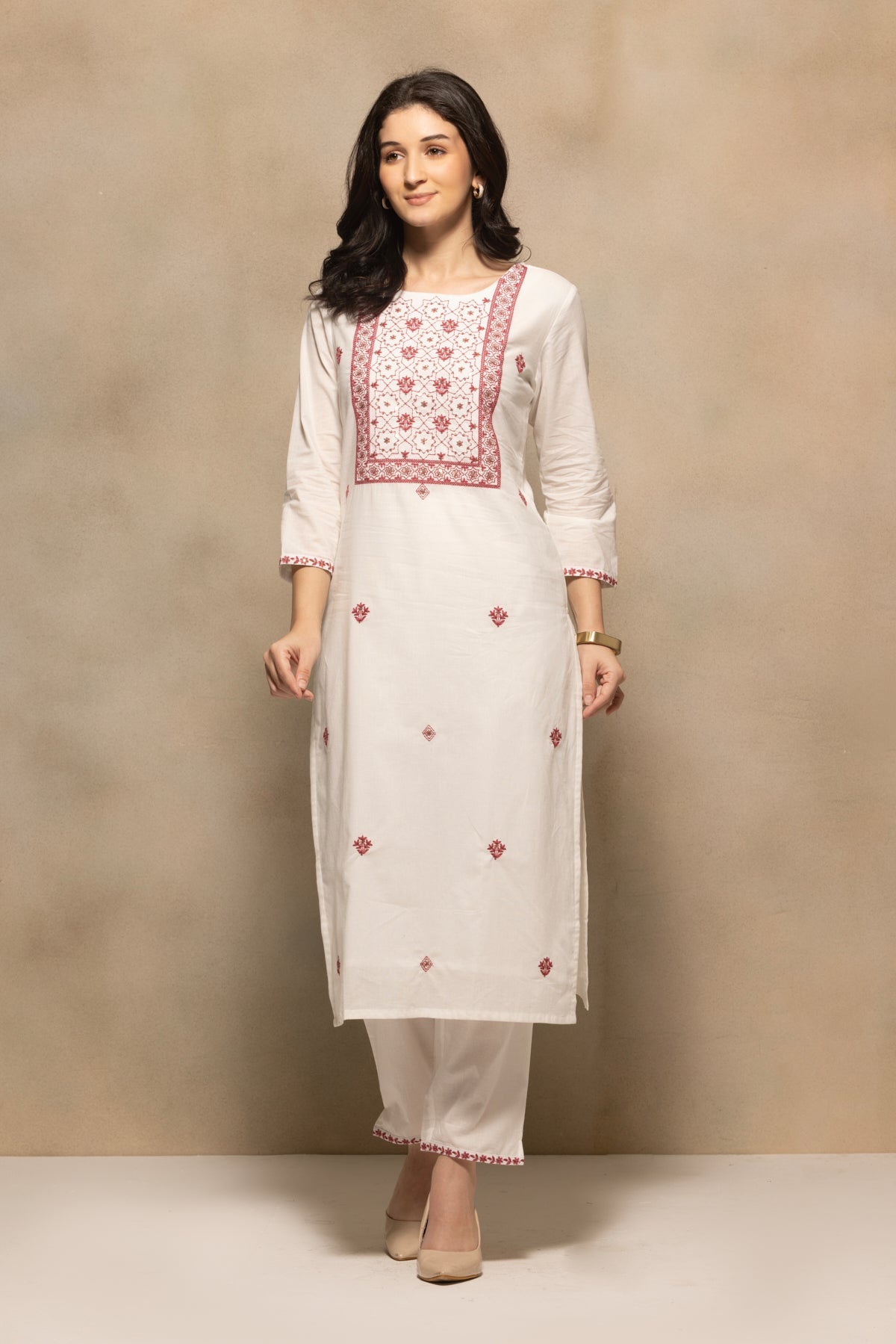 Cream Embroidered Sequenced Kurta 3 Pcs Set