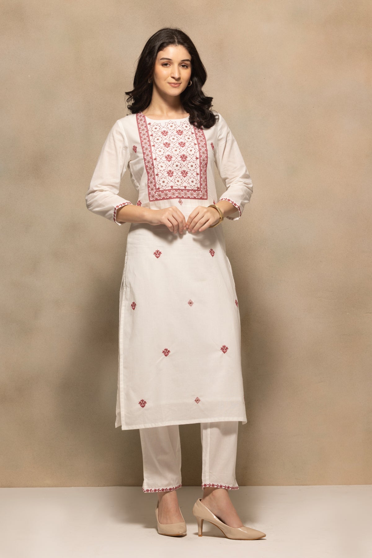 Cream Embroidered Sequenced Kurta 3 Pcs Set