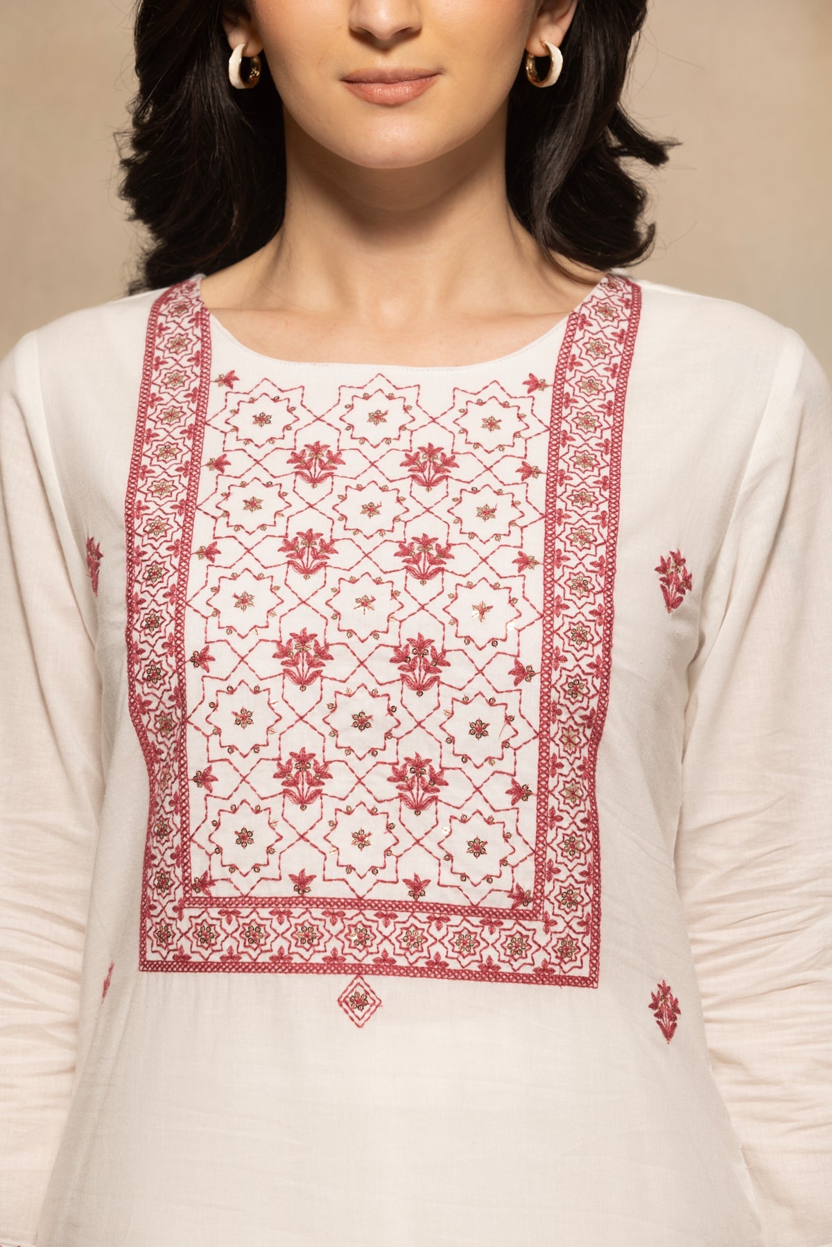 Cream Embroidered Sequenced Kurta 3 Pcs Set