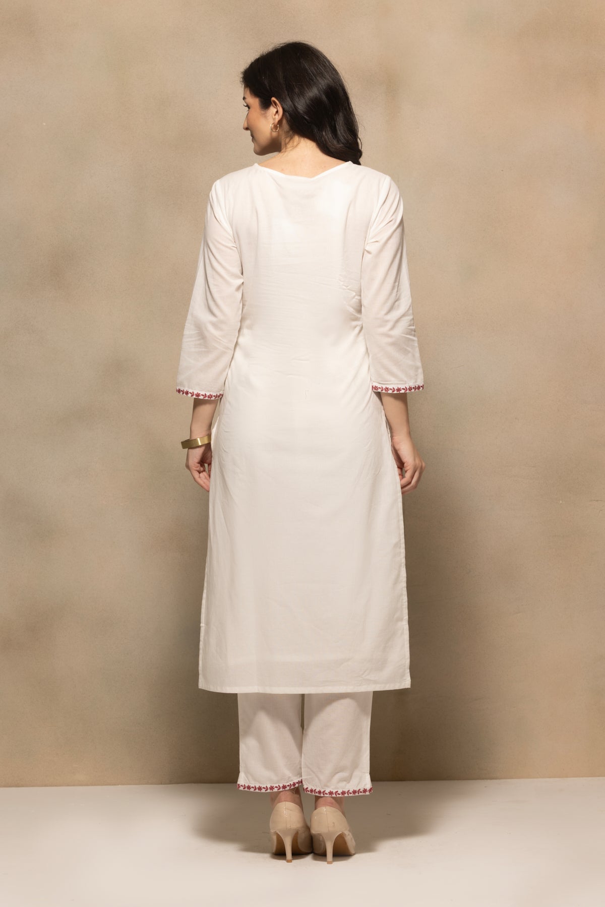 Cream Embroidered Sequenced Kurta 3 Pcs Set
