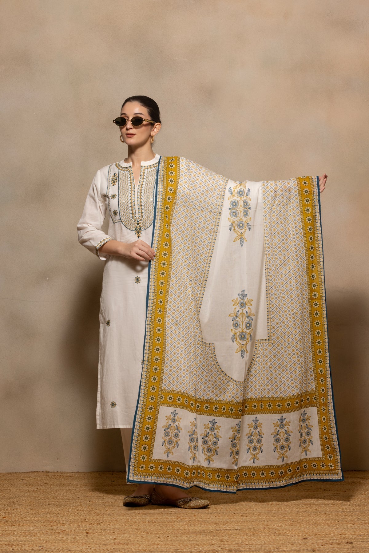 Cream Embroidered Sequenced Kurta 3 Pcs Set