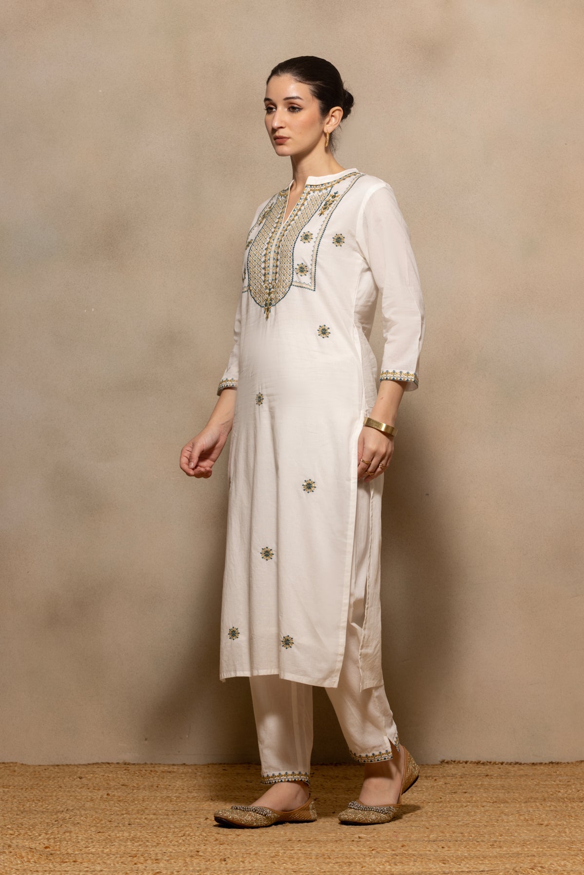 Cream Embroidered Sequenced Kurta 3 Pcs Set