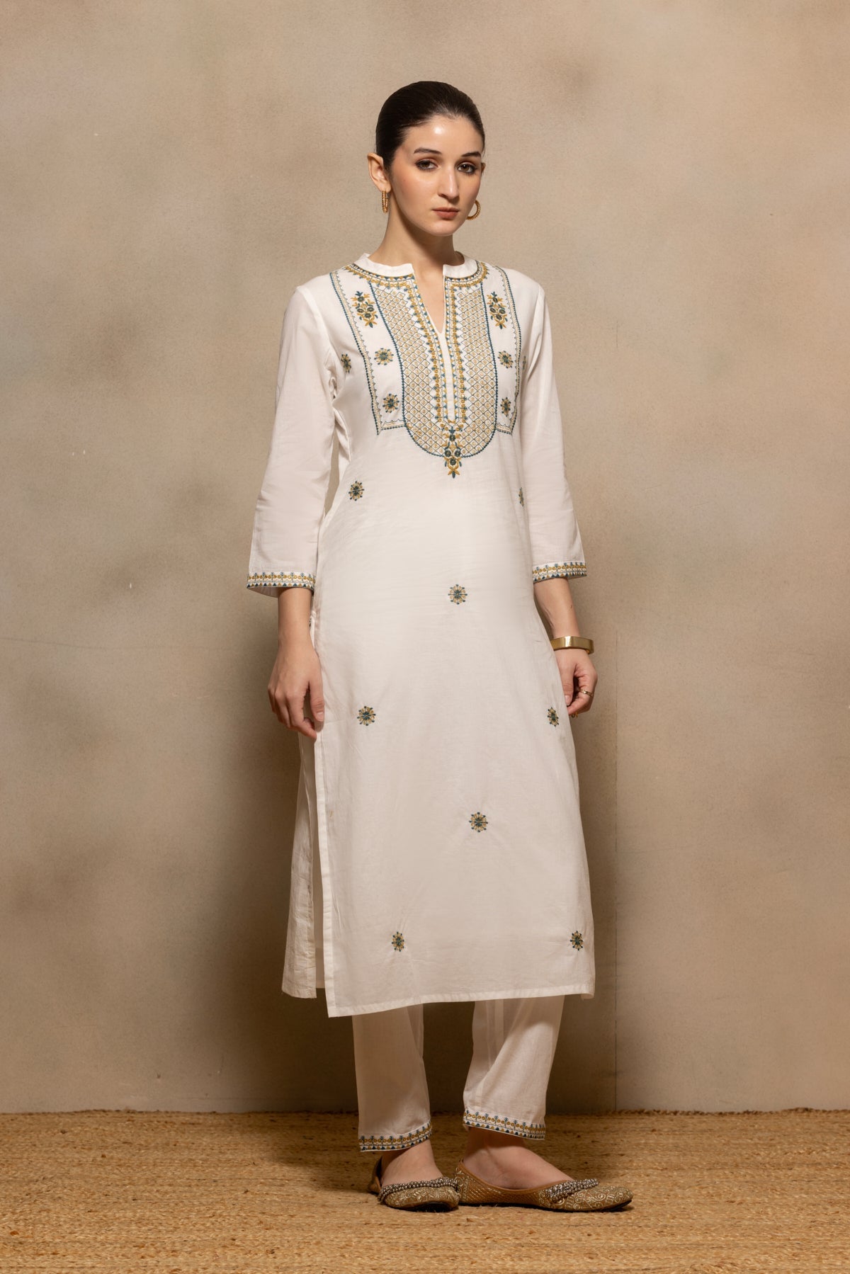 Cream Embroidered Sequenced Kurta 3 Pcs Set
