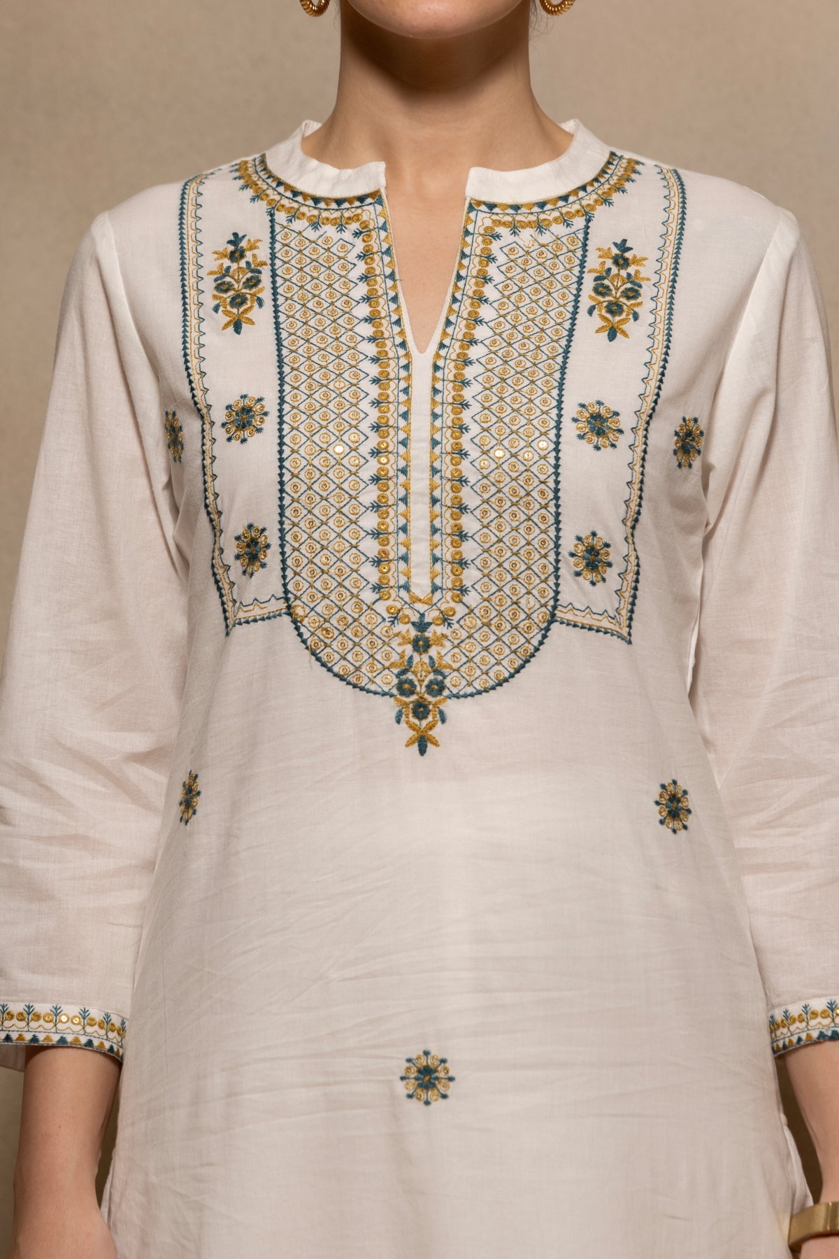 Cream Embroidered Sequenced Kurta 3 Pcs Set