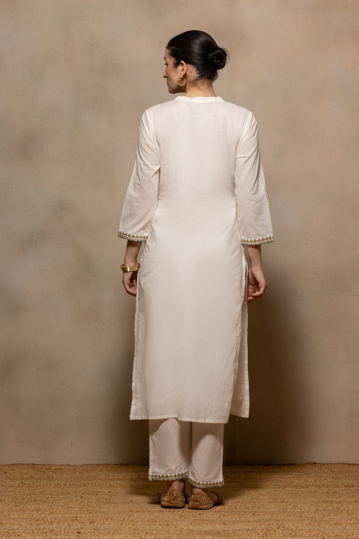 Cream Embroidered Sequenced Kurta 3 Pcs Set