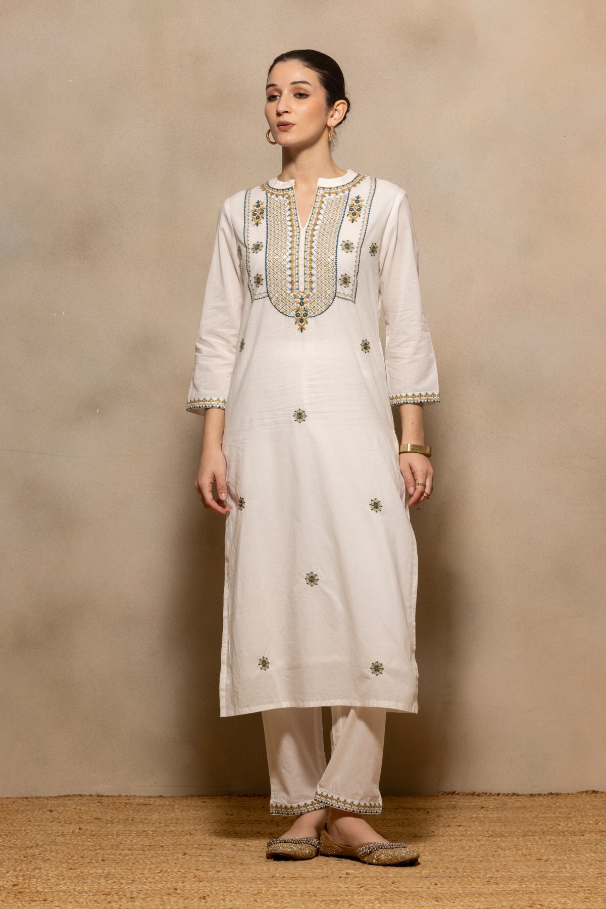 Cream Embroidered Sequenced Kurta 3 Pcs Set