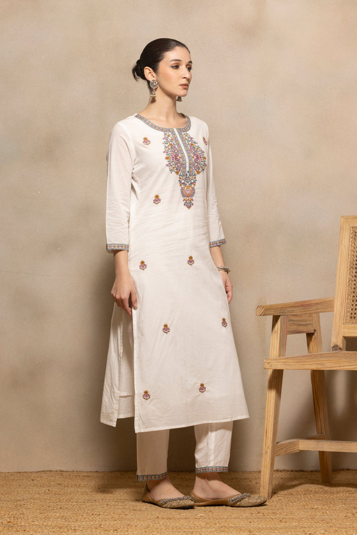 Cream Embroidered Kurta 3 Pcs Set