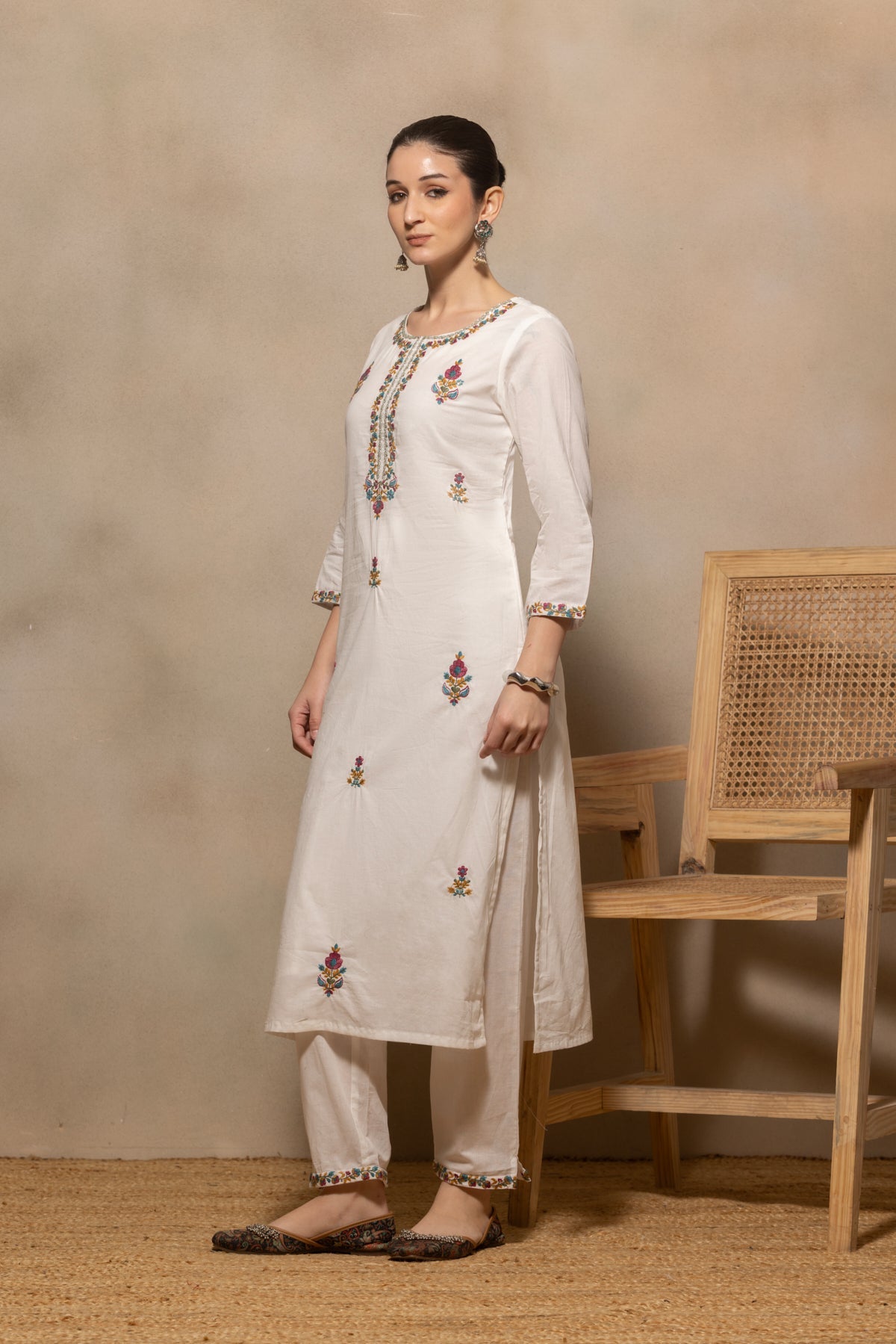 Cream Embroidered Kurta 3 Pcs Set