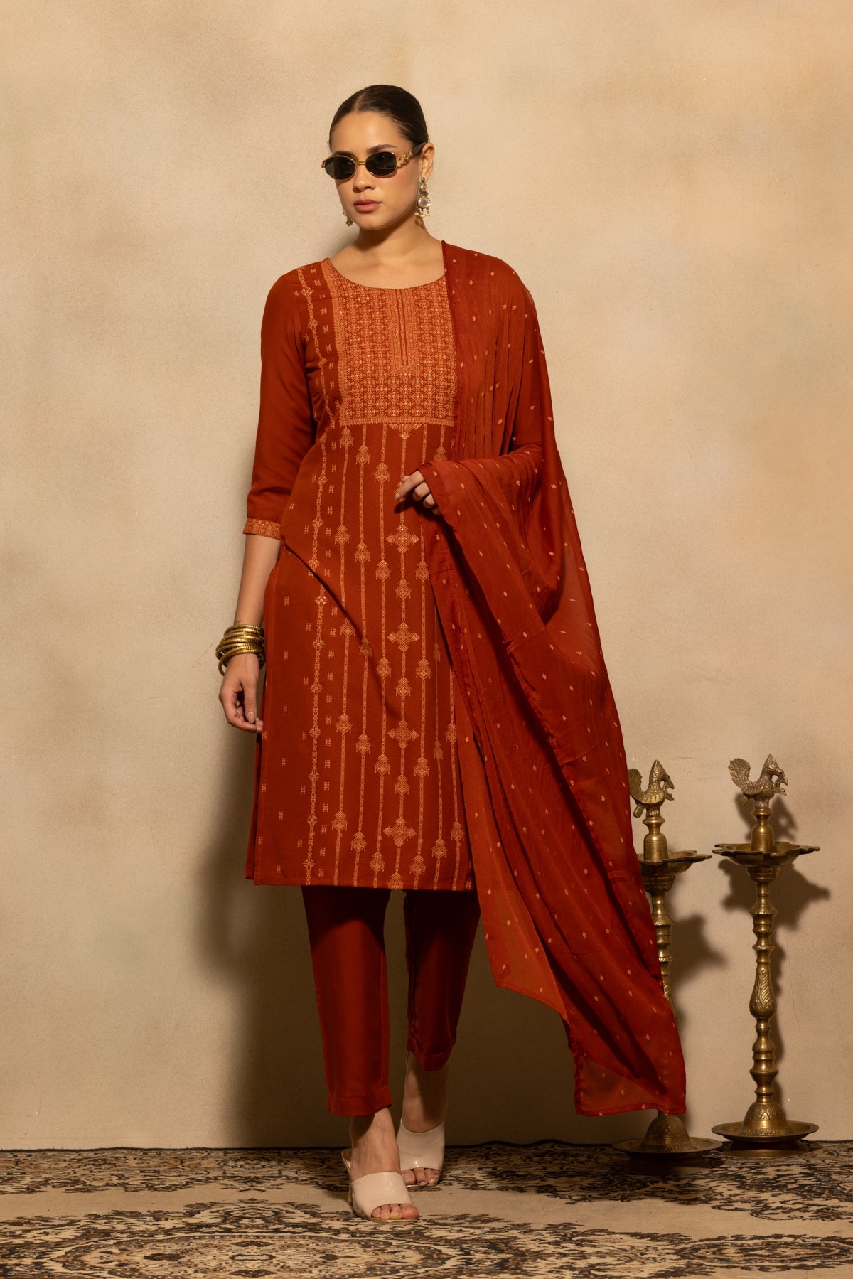 Rust Printed Kurta 3 Pcs Set