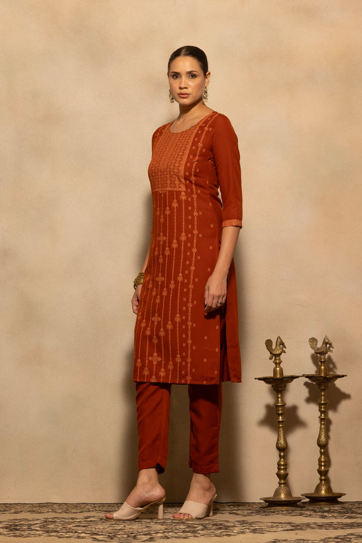 Rust Printed Kurta 3 Pcs Set