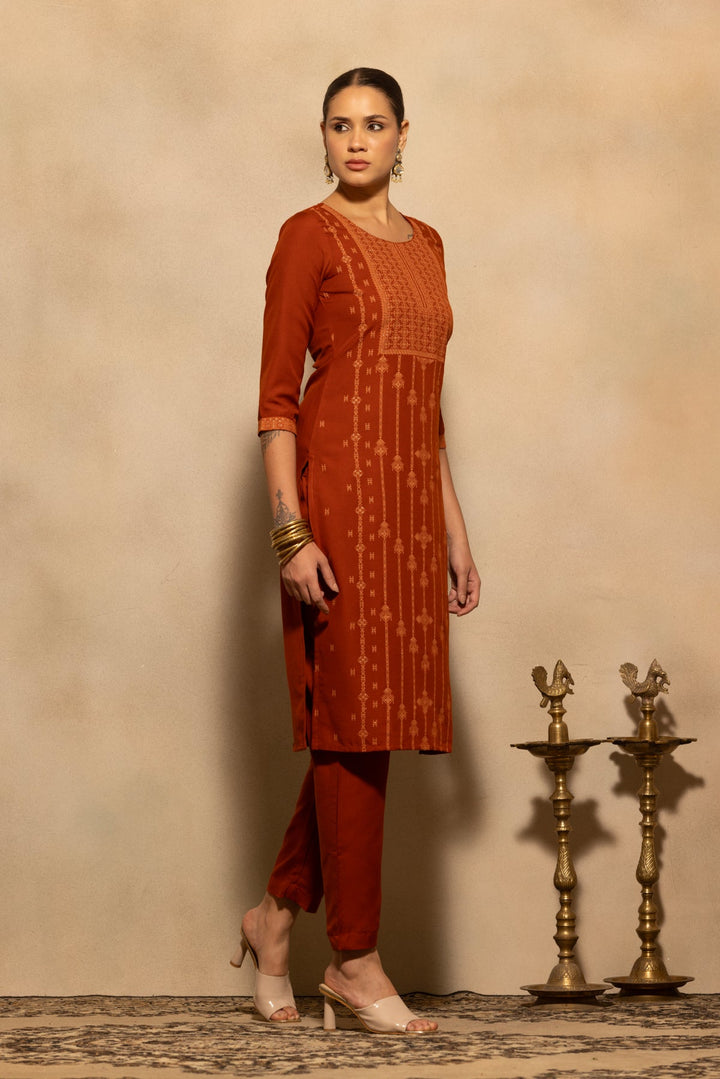 Rust Printed Kurta 3 Pcs Set