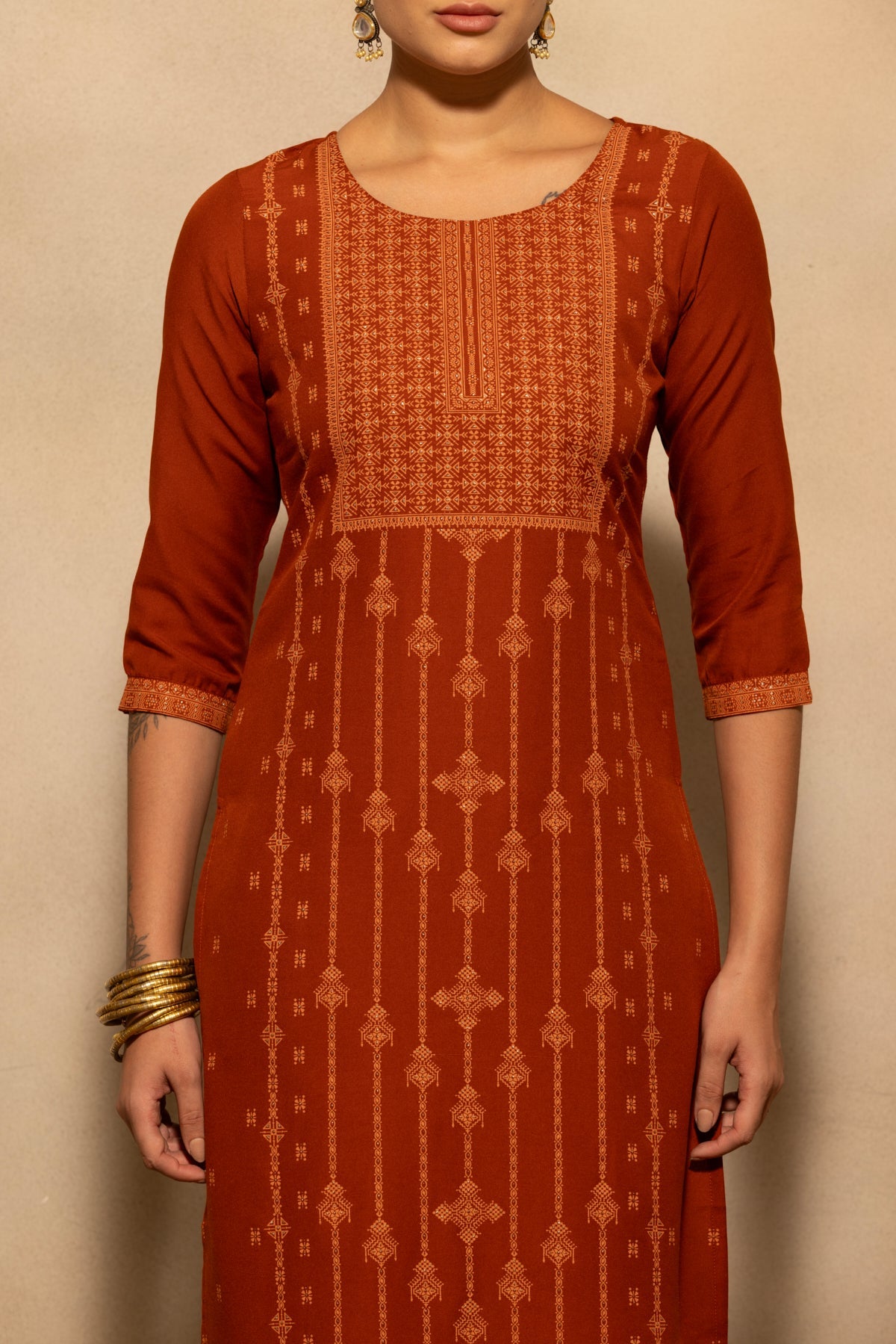 Rust Printed Kurta 3 Pcs Set