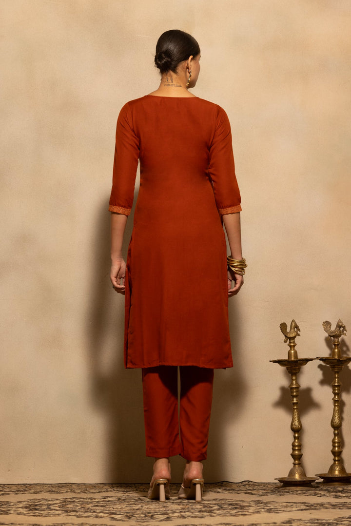 Rust Printed Kurta 3 Pcs Set