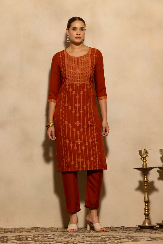 Rust Printed Kurta 3 Pcs Set
