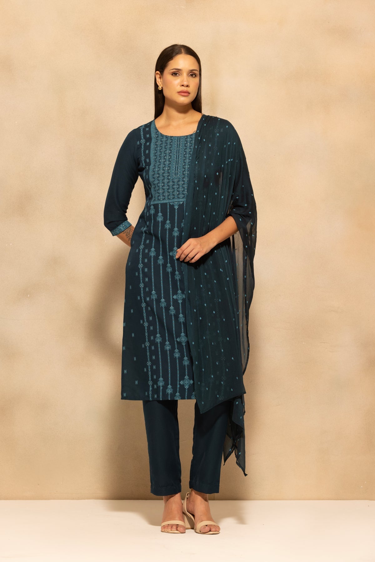 Blue Printed Kurta 3 Pcs Set