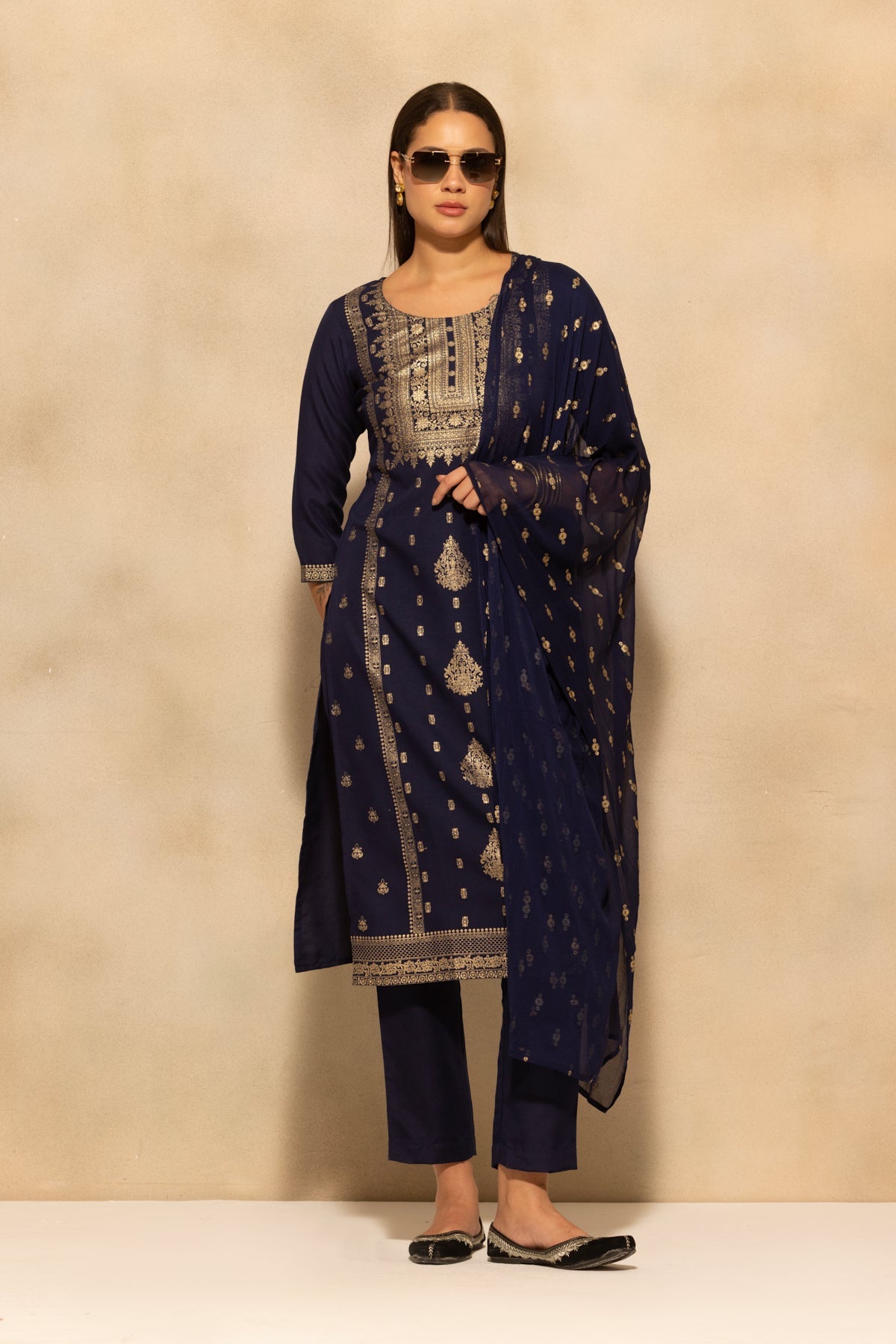 Navy Blue Printed Kurta 3 Pcs Set