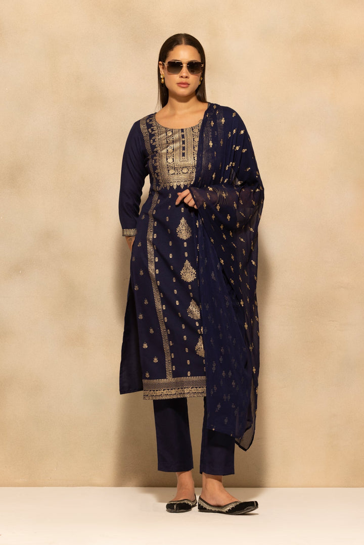 Navy Blue Printed Kurta 3 Pcs Set