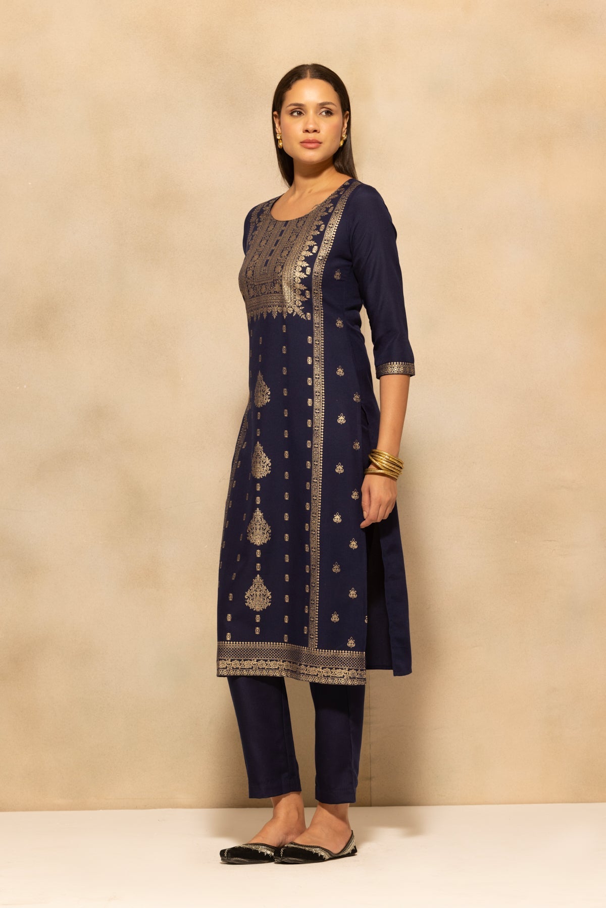 Navy Blue Printed Kurta 3 Pcs Set