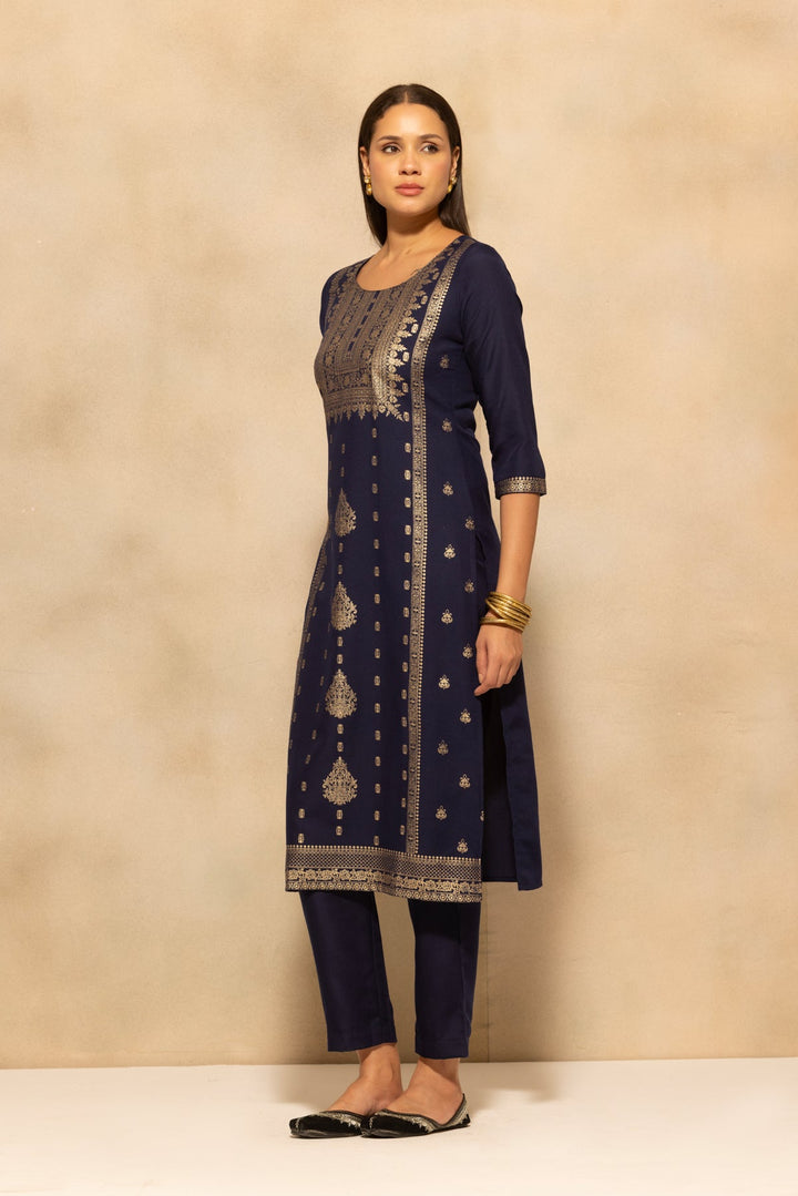 Navy Blue Printed Kurta 3 Pcs Set