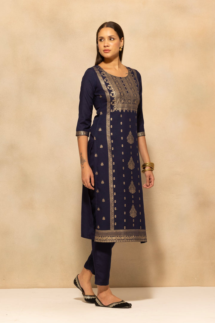 Navy Blue Printed Kurta 3 Pcs Set