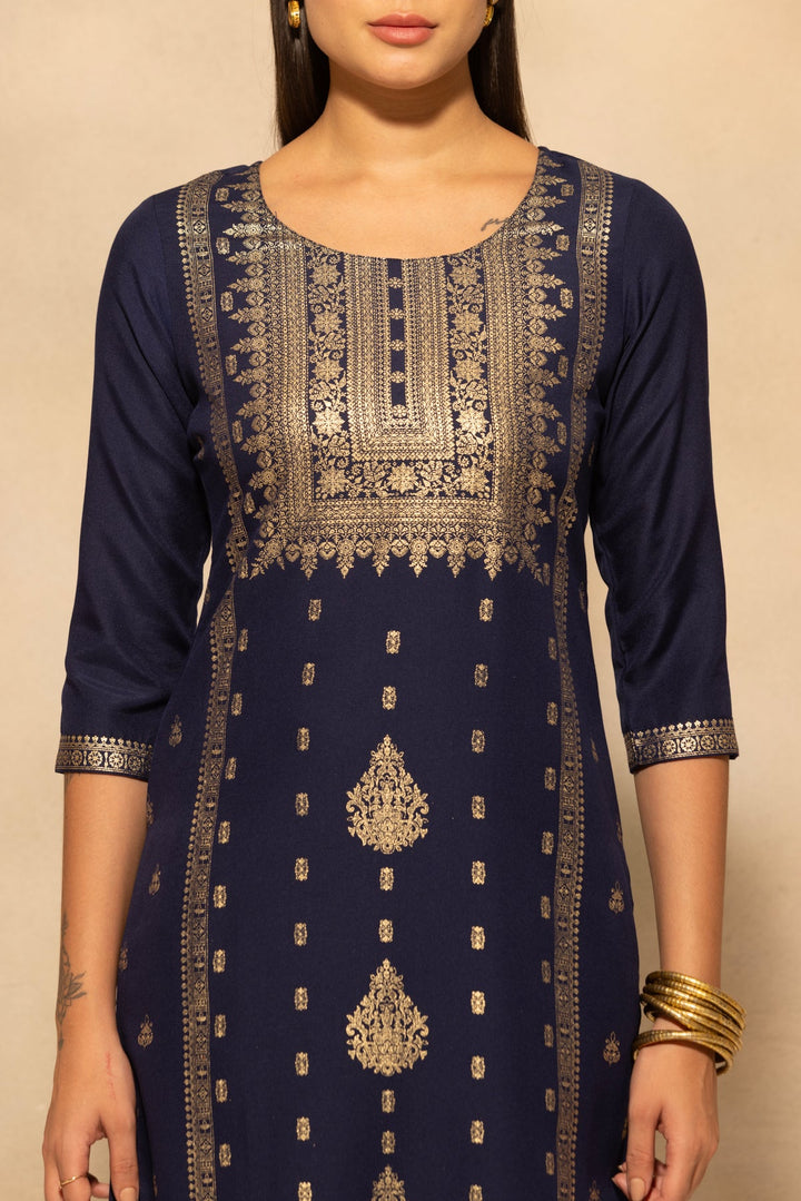 Navy Blue Printed Kurta 3 Pcs Set
