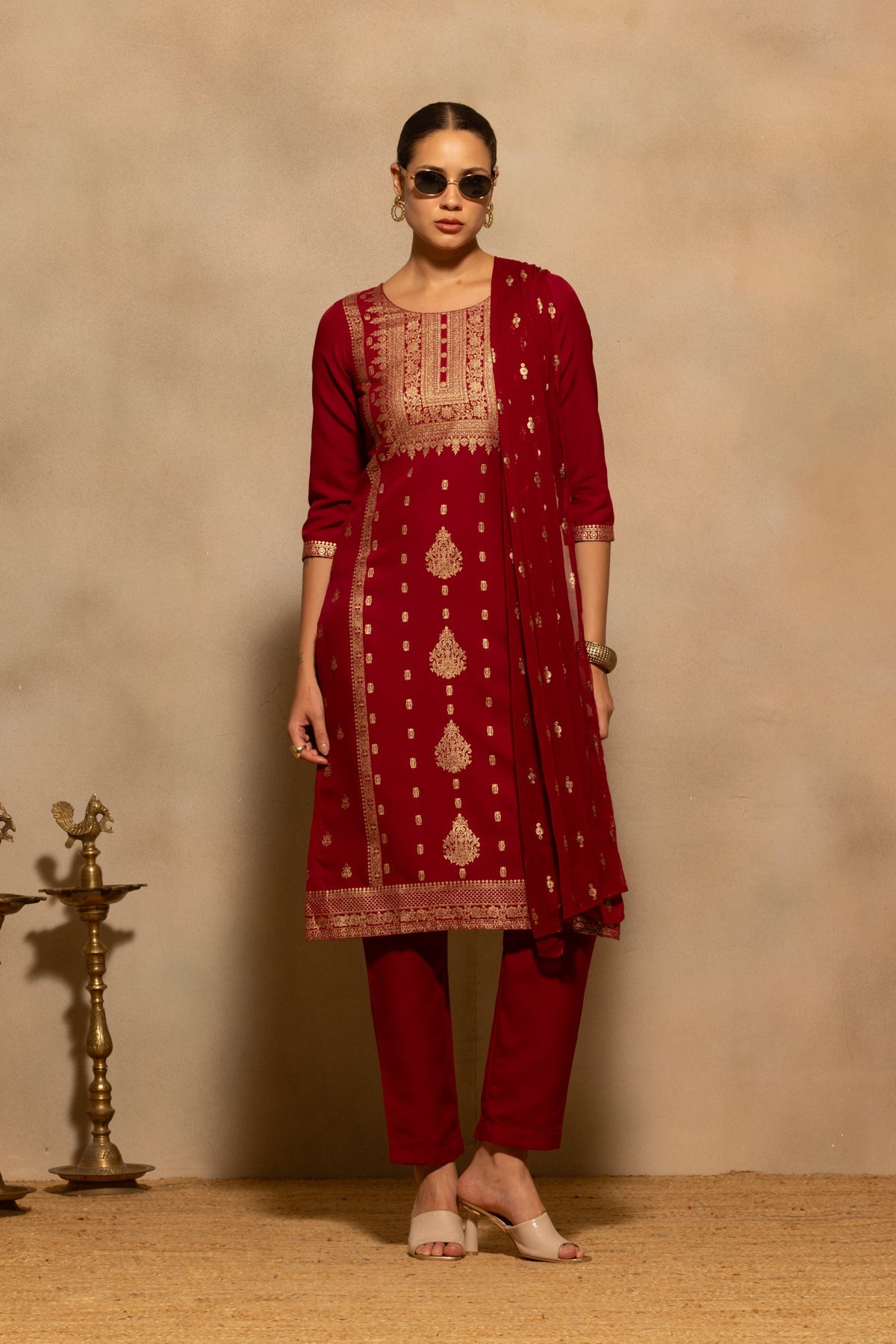 Maroon Printed Kurta 3 Pcs Set