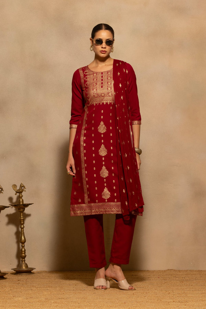Maroon Printed Kurta 3 Pcs Set