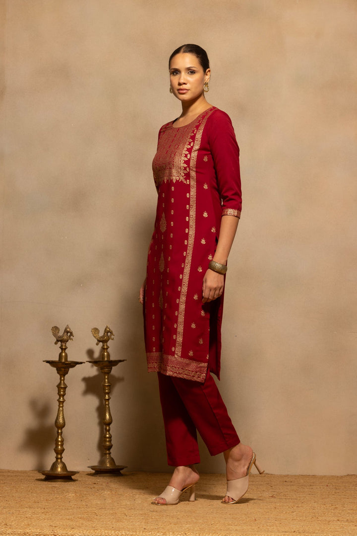 Maroon Printed Kurta 3 Pcs Set