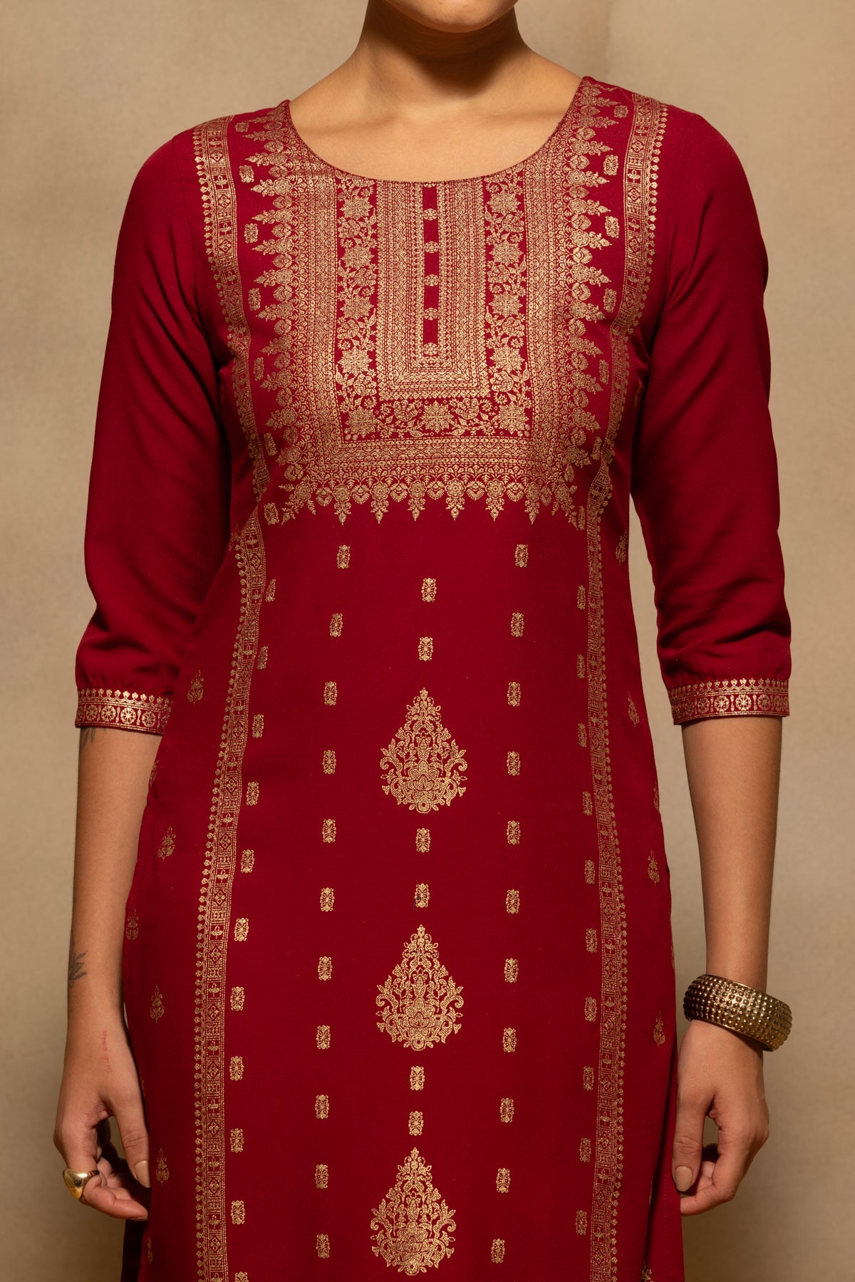 Maroon Printed Kurta 3 Pcs Set