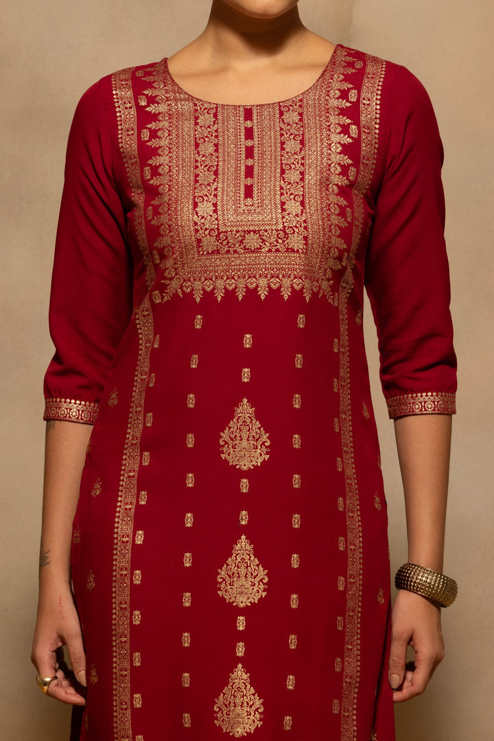 Maroon Printed Kurta 3 Pcs Set