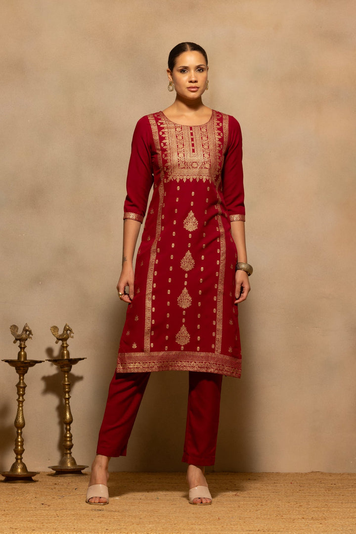 Maroon Printed Kurta 3 Pcs Set