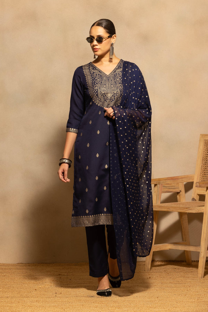 Navy Blue Printed Kurta 3 Pcs Set
