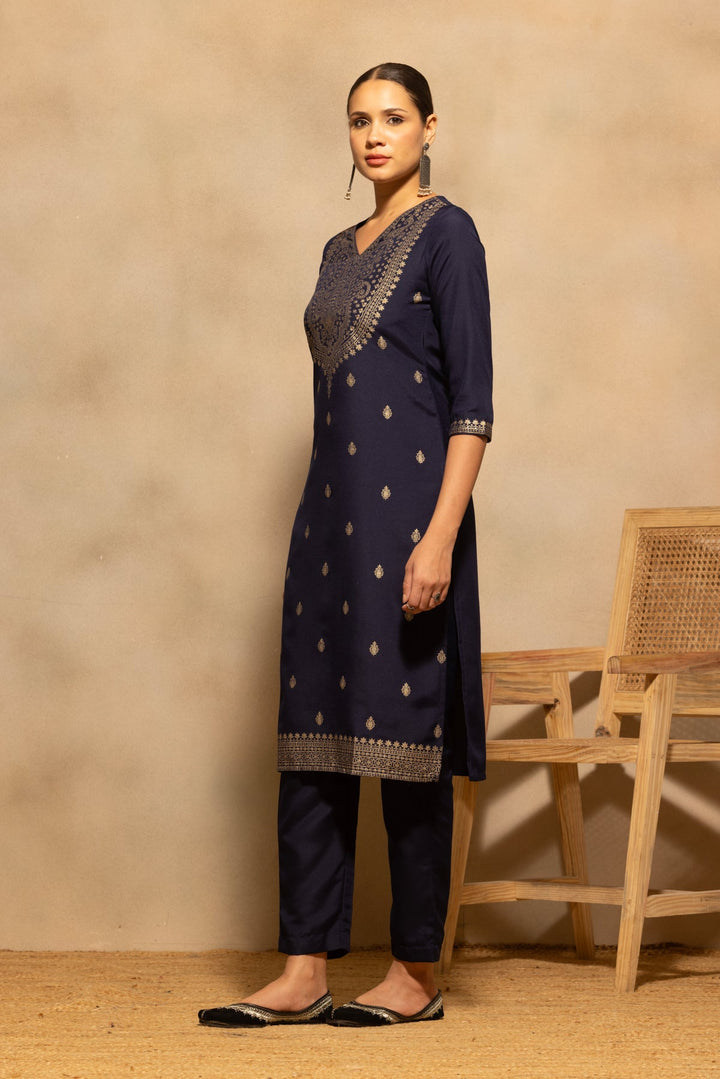 Navy Blue Printed Kurta 3 Pcs Set