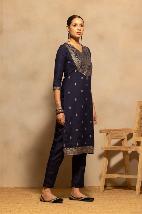 Navy Blue Printed Kurta 3 Pcs Set