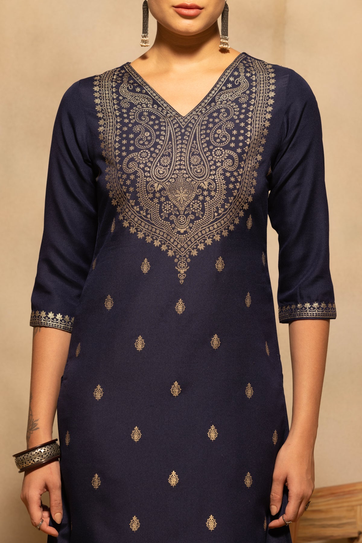 Navy Blue Printed Kurta 3 Pcs Set