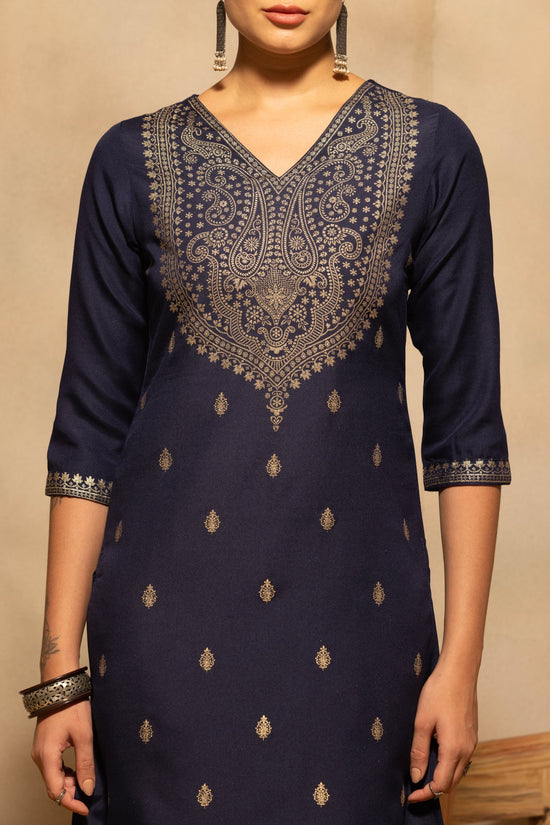 Navy Blue Printed Kurta 3 Pcs Set
