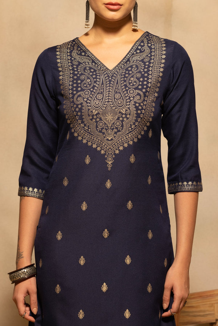 Navy Blue Printed Kurta 3 Pcs Set