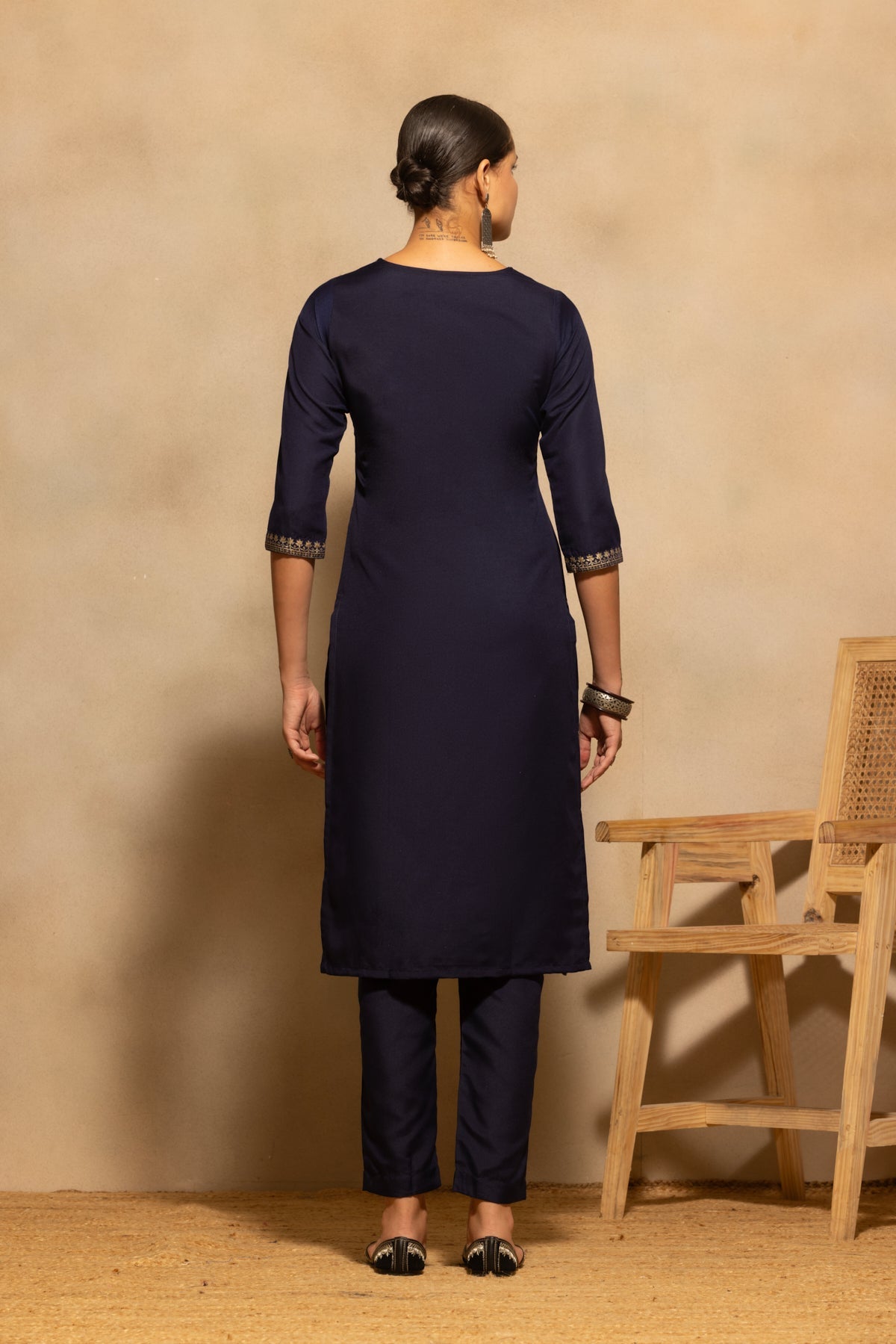 Navy Blue Printed Kurta 3 Pcs Set