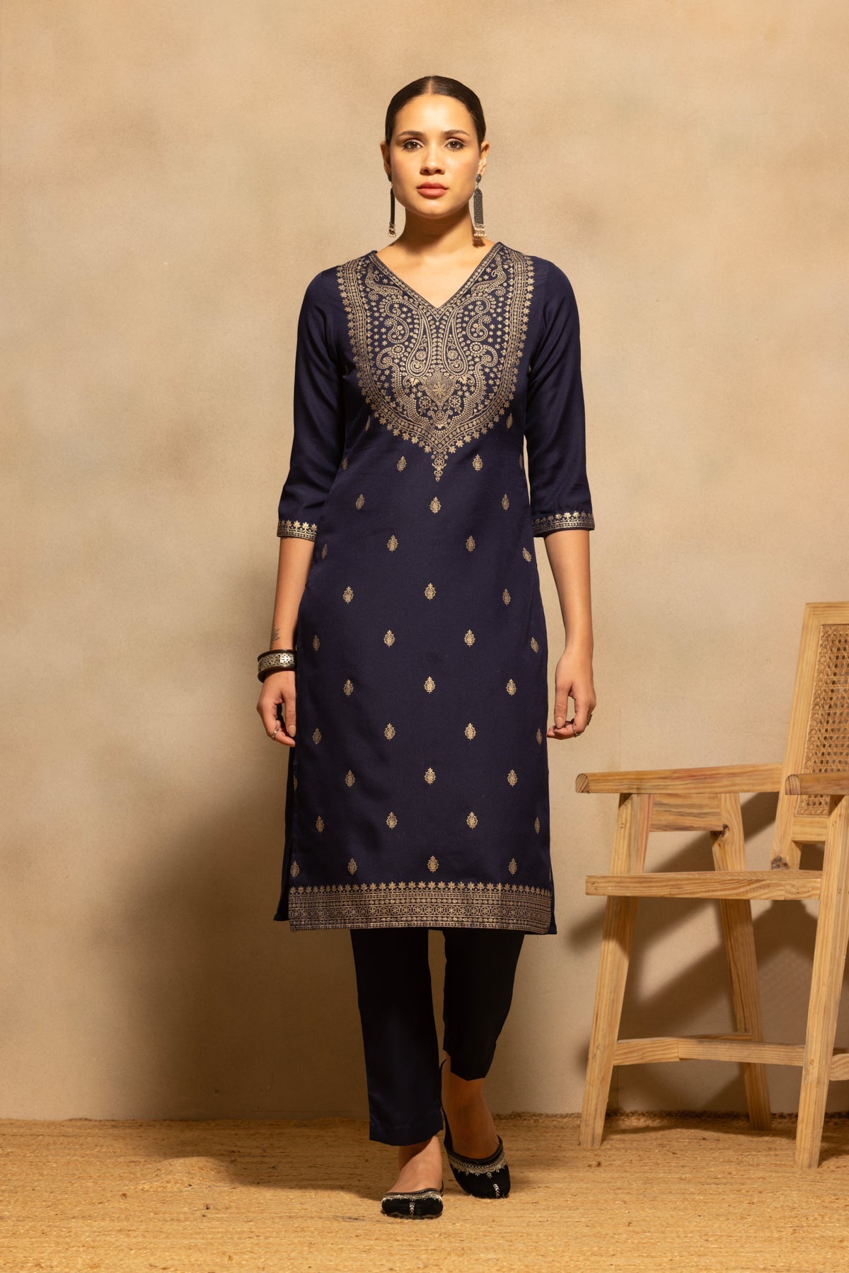 Navy Blue Printed Kurta 3 Pcs Set