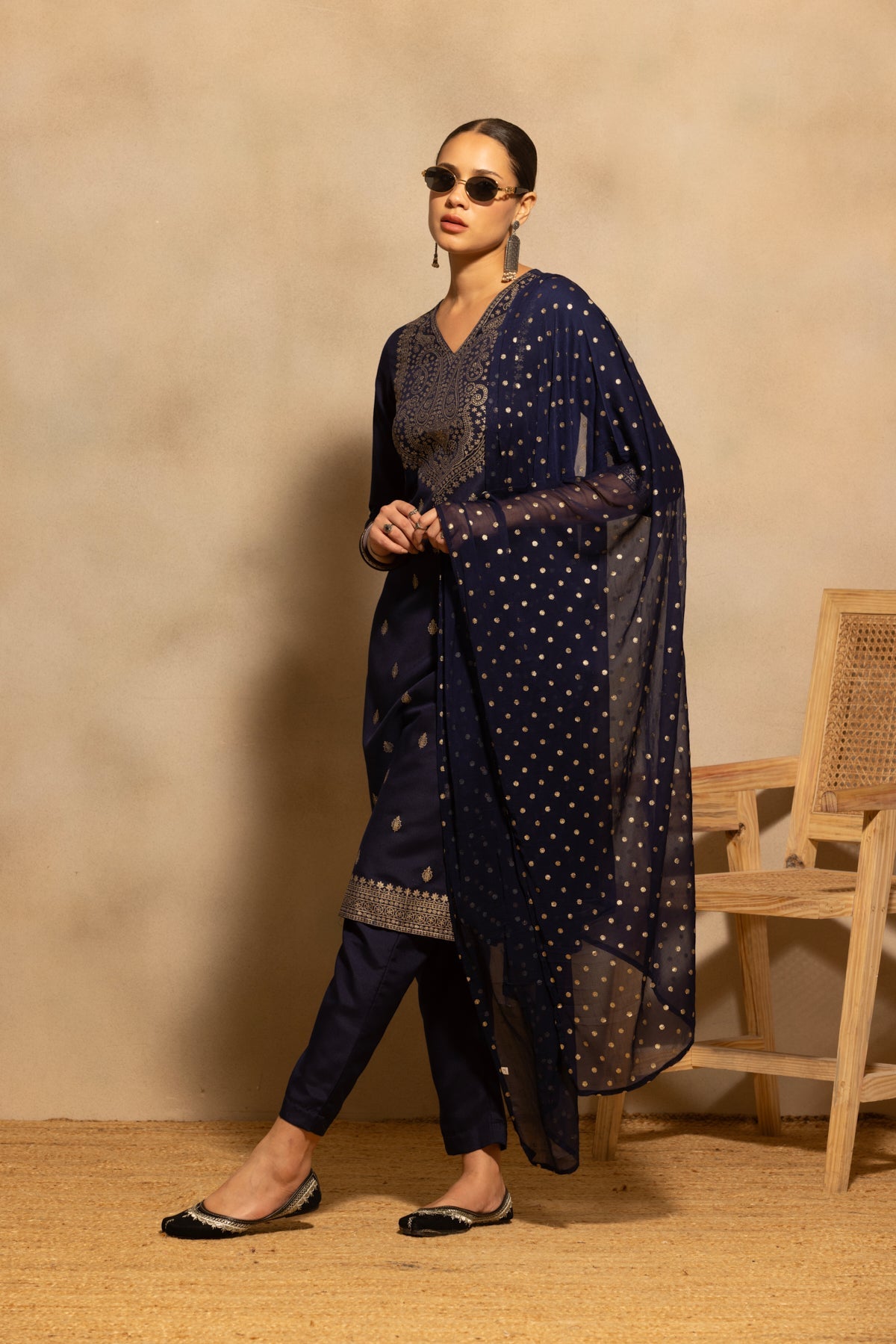 Navy Blue Printed Kurta 3 Pcs Set