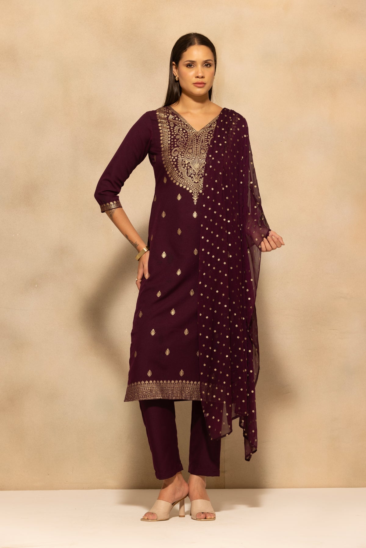 Purple Printed Kurta 3 Pcs Set
