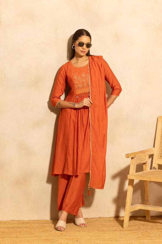 Rust Flared Embroidered Kurta 3 Pcs Set