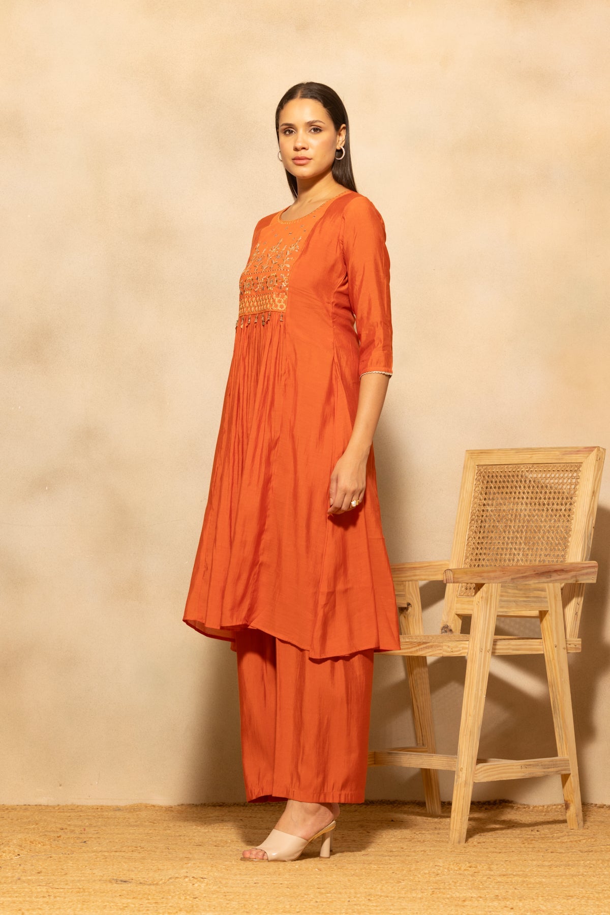 Rust Flared Embroidered Kurta 3 Pcs Set